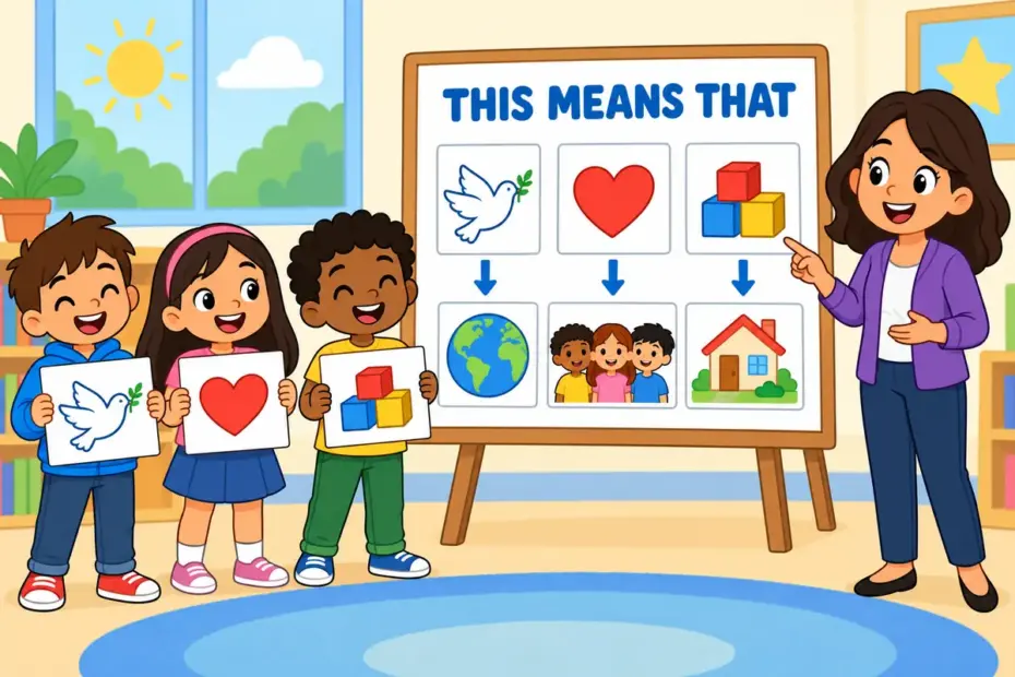 Cartoon children hold letter cards beside symbols on a board, showing stand for in a sentence as one thing meaning another.