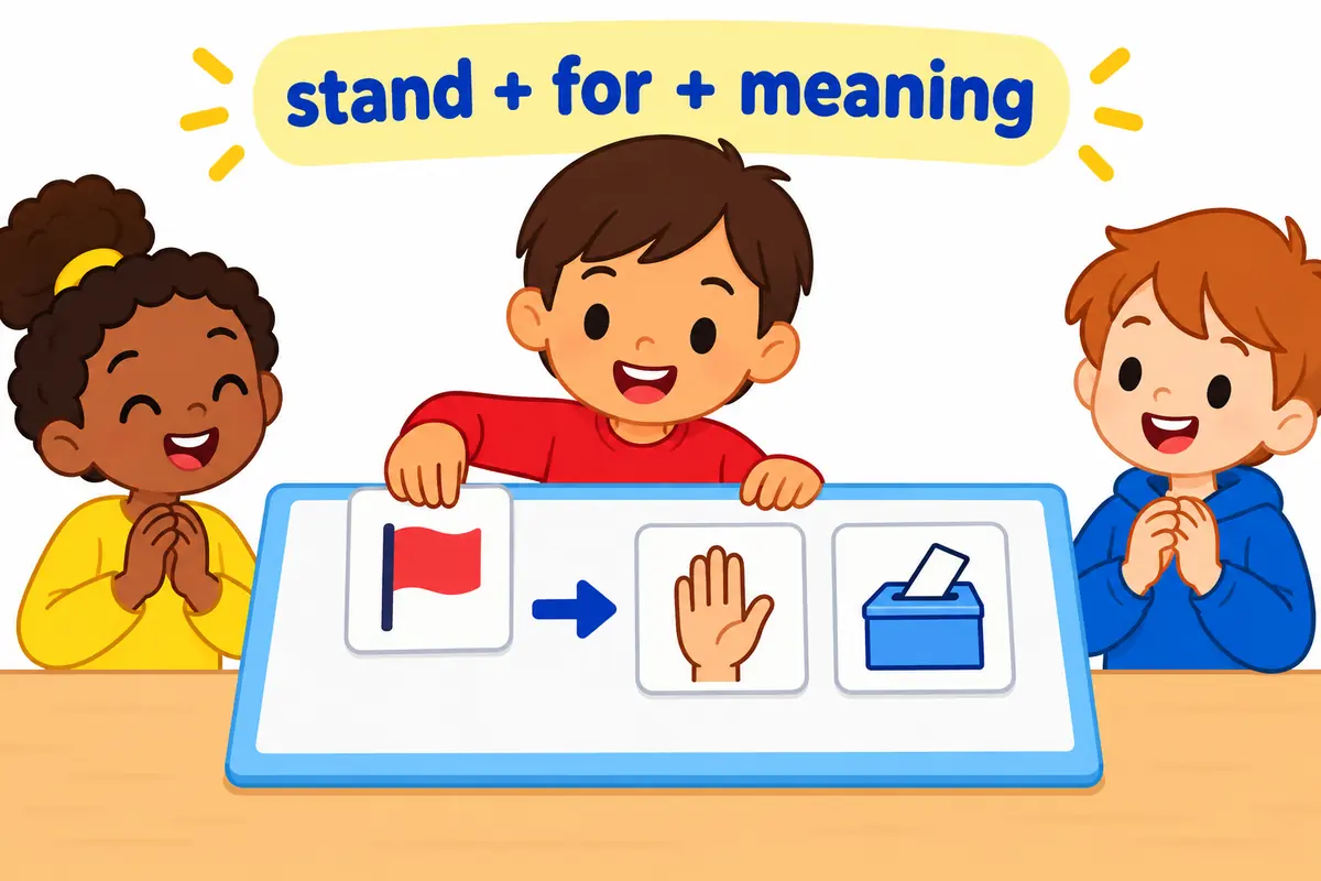 Cartoon cards show a flag, a raised hand and a ballot box joined as meanings of one phrase.