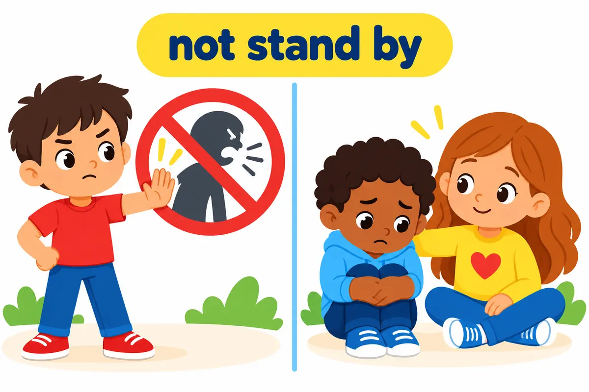 A cartoon split scene contrasts a child refusing a rule with a friend standing loyally beside another.