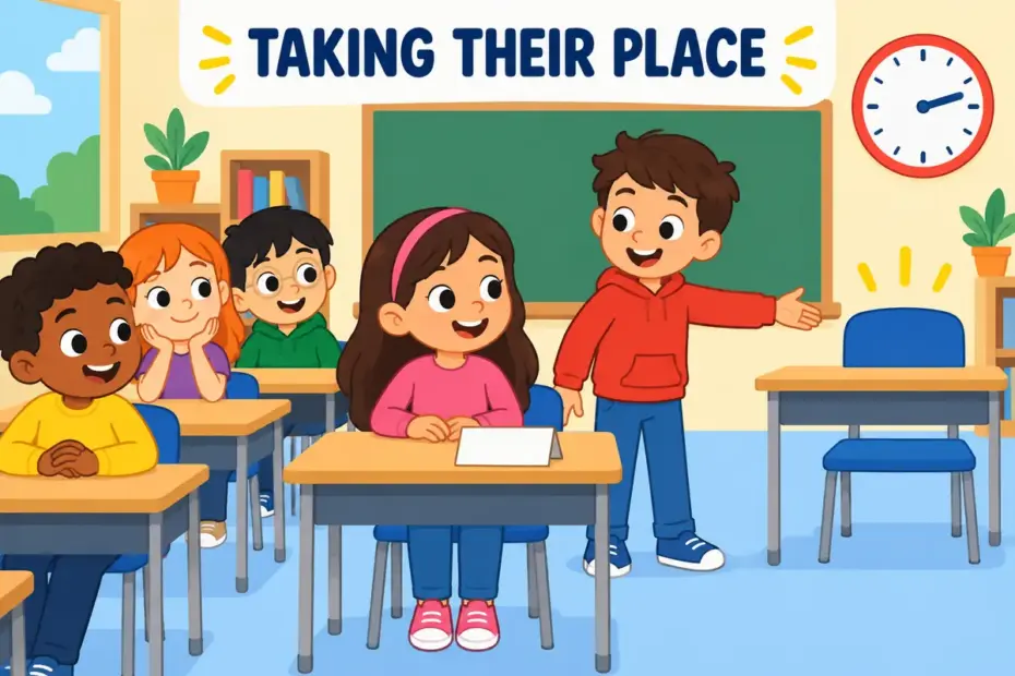 A cartoon child takes another pupil's seat at a desk while the class watches, showing stand in in a sentence as a temporary swap.