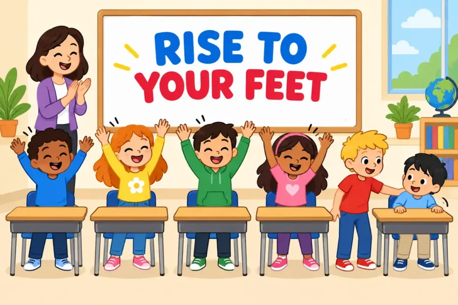 Cartoon children stand up together from their desks, illustrating stand up in a sentence as rising to the feet.