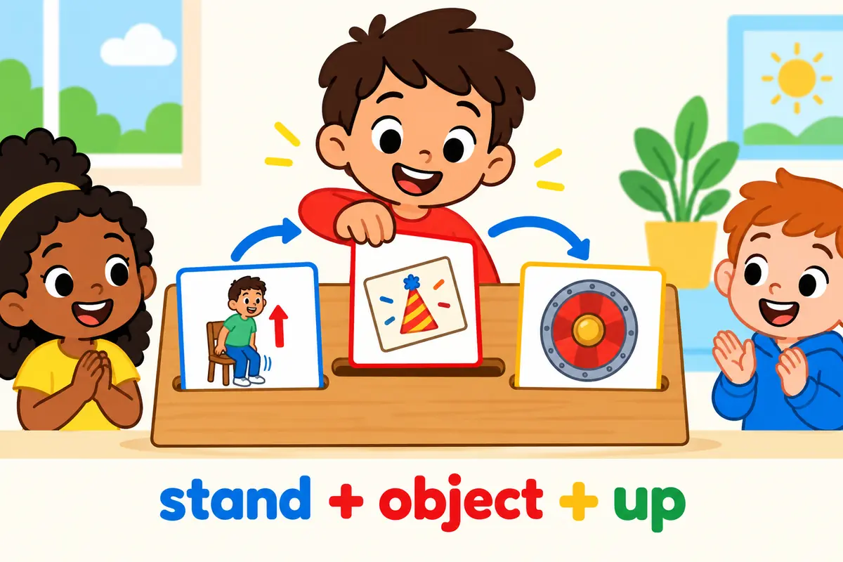 Three cartoon cards show a seated child, a party invitation and a shield, marking the rise, fail-a-date and defend senses of stand up.