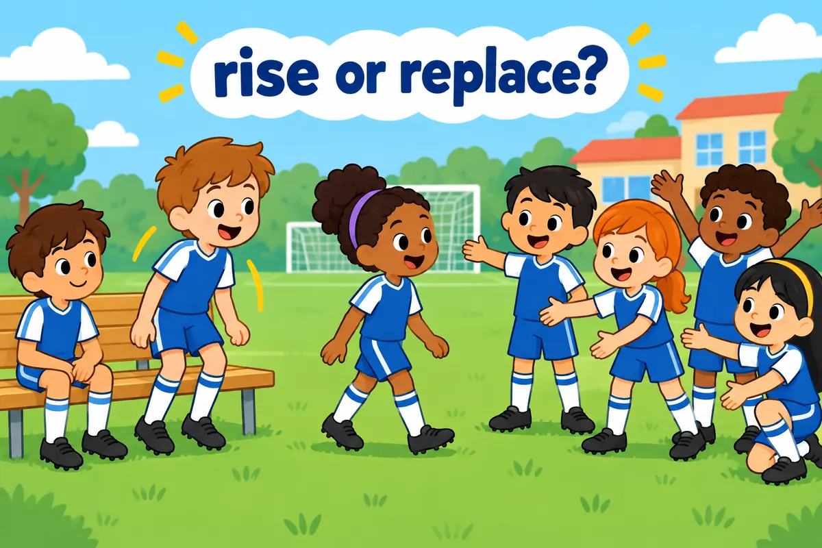 A single cartoon scene contrasts a child rising to a school team with a friend who quietly takes a missing classmate place.