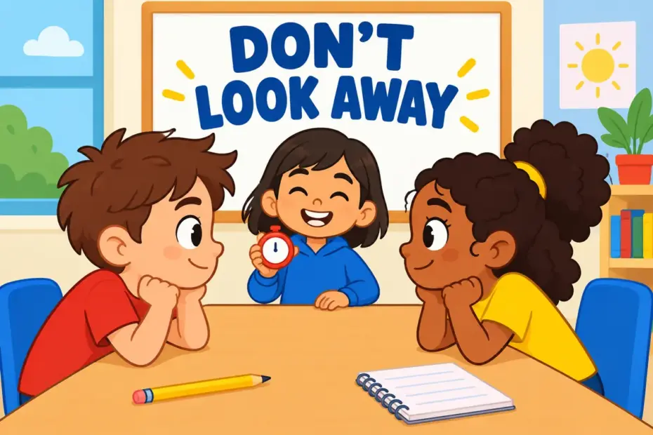 Cartoon pupils hold a friendly staring contest across a table, showing stare down in a sentence as a contest of nerve.