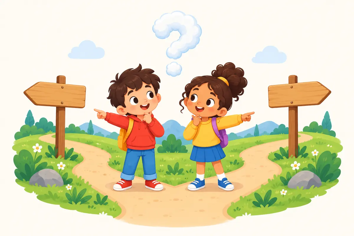 Two kids pointing at two similar signposts at a fork in a path