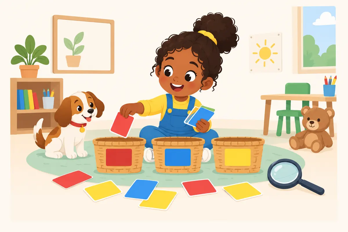 A kid sorting colourful cards into baskets with a magnifying glass