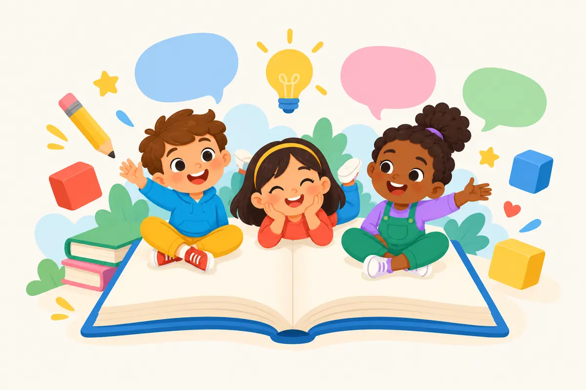 Three happy kids sitting on a giant open book surrounded by speech bubbles and learning icons