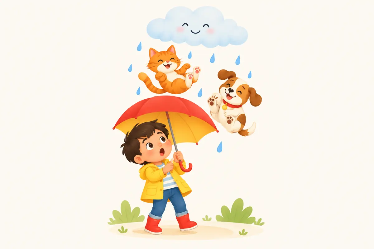 A surprised kid with an umbrella under a cloud raining cats and dogs