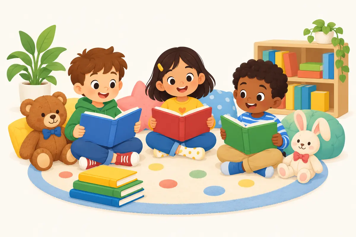 Kids reading together on a rug with friendly plush animals
