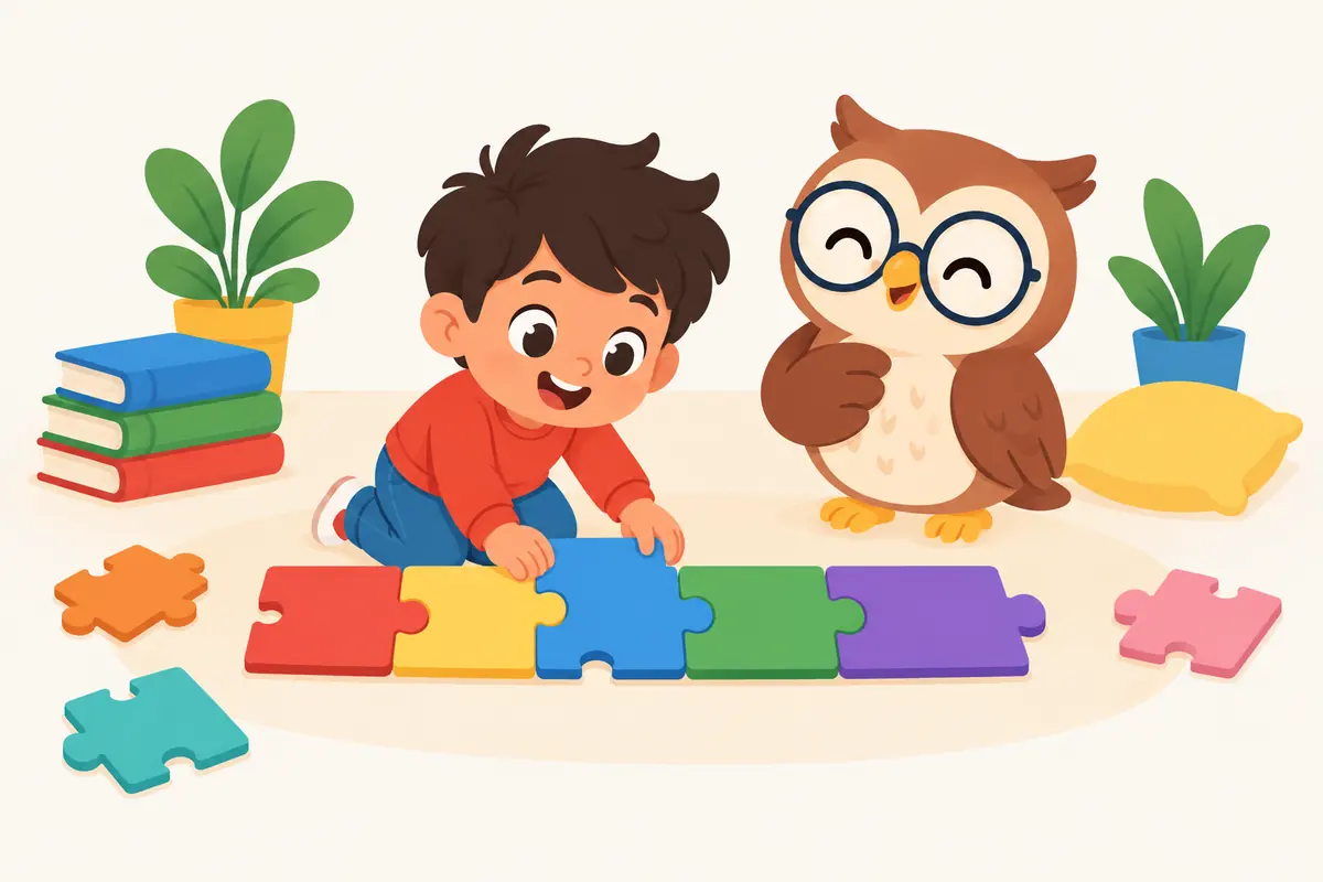 A kid building a row of colourful puzzle pieces like a sentence