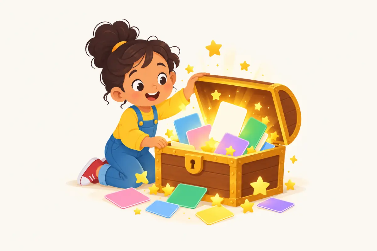 A kid opening a treasure chest full of glowing word cards