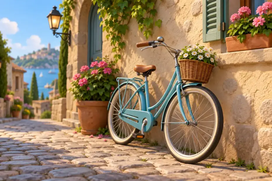 A parked bicycle leaning against a wall.