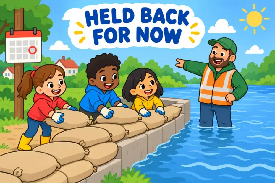 Cartoon children stack sandbags as rising water waits behind them, showing stave off in a sentence as delaying trouble.