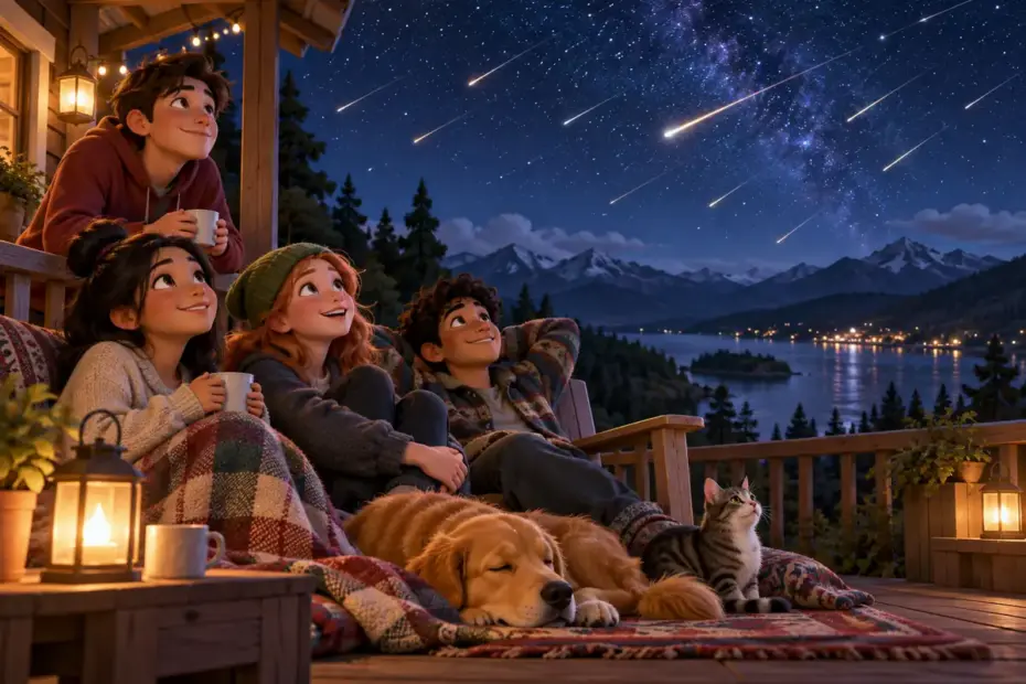 Friends watch a meteor shower from a porch beneath a starry sky.