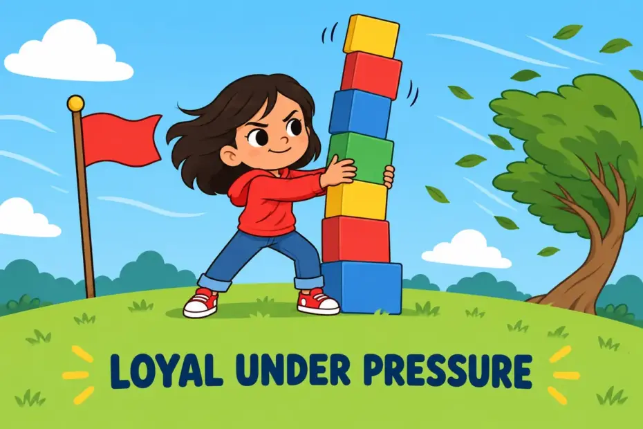 A cartoon child stands firm beside a wobbling tower, showing steadfast in a sentence as loyalty under pressure.