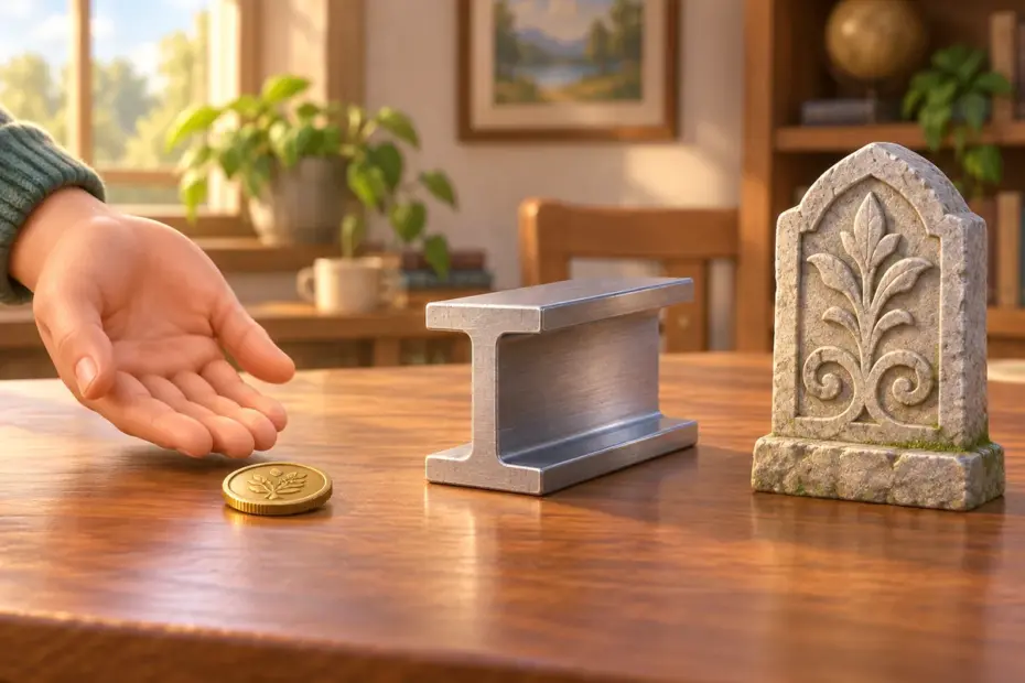 A found coin, brushed steel beam, and carved stone marker sit side by side.