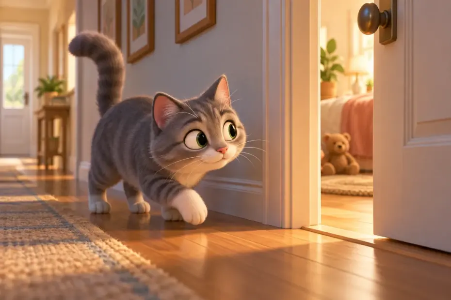 A gray cat steps quietly through a hallway toward a half-open door.
