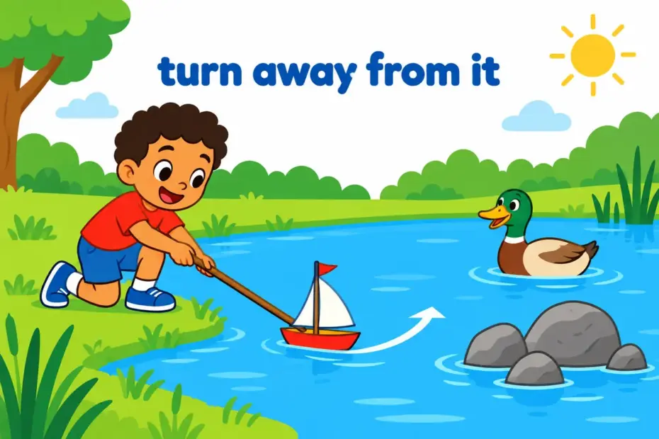 A cartoon child steers a toy boat away from rocks, showing steer away in a sentence as turning aside from danger.