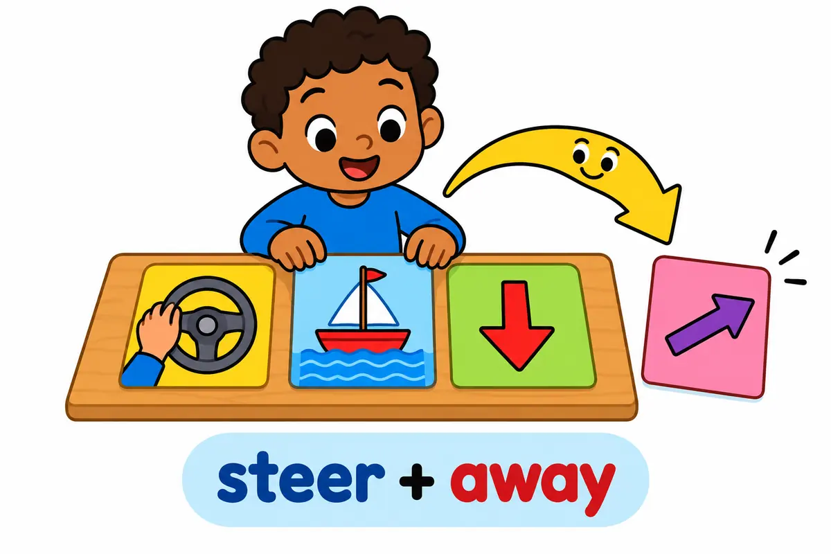 Cartoon cards show an object slotting between steer and away while a from-card waits at the end.