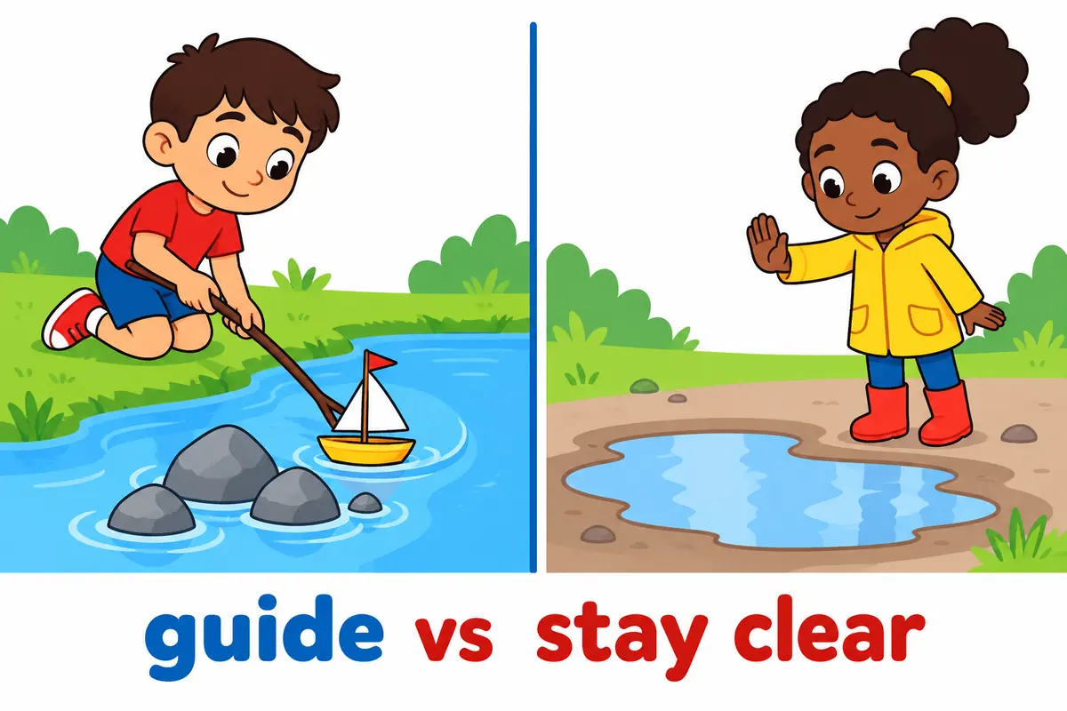A cartoon split scene contrasts steer away guiding a boat around rocks with avoid keeping a child back from a puddle.