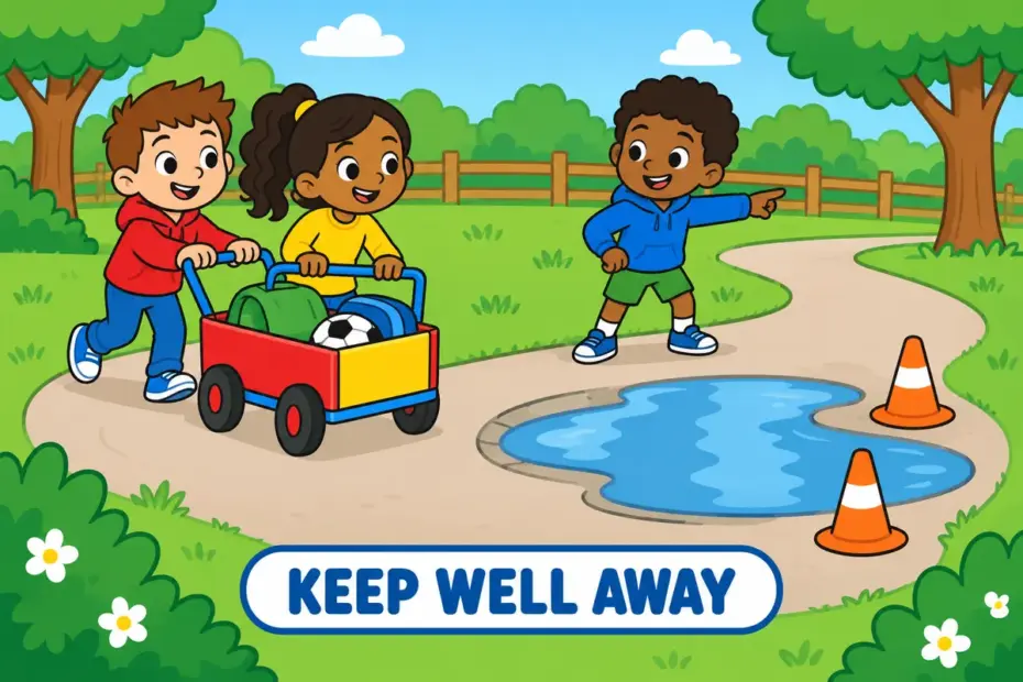 Cartoon children guide a small park cart around a puddle and cones, illustrating steer clear of in a sentence as deliberately keeping away.
