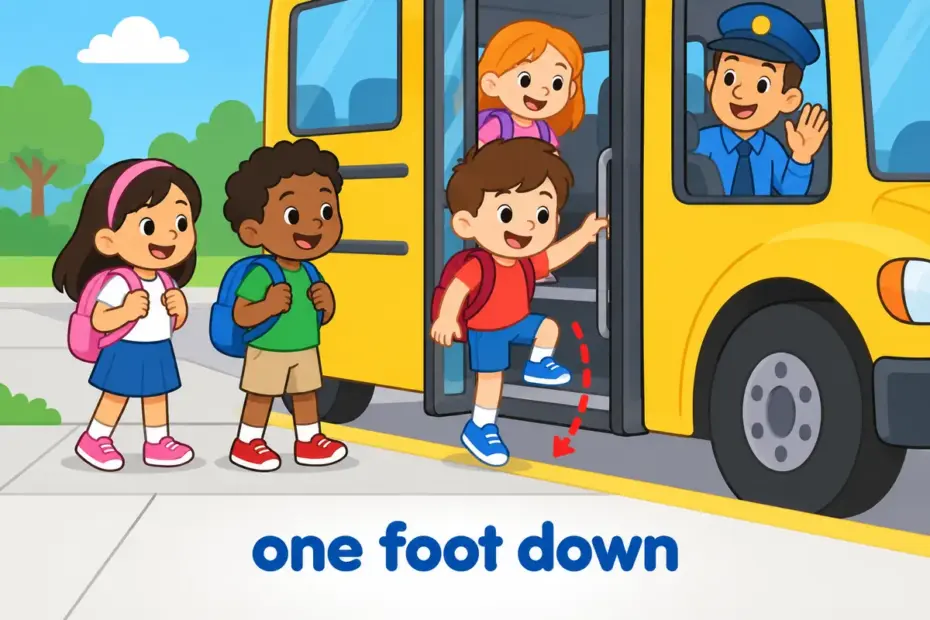Cartoon children step off a school bus one at a time onto a marked pavement, teaching step off in a sentence.