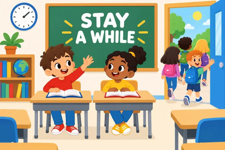 Cartoon pupils stay seated after the bell while classmates leave, showing stick around in a sentence as choosing to remain.