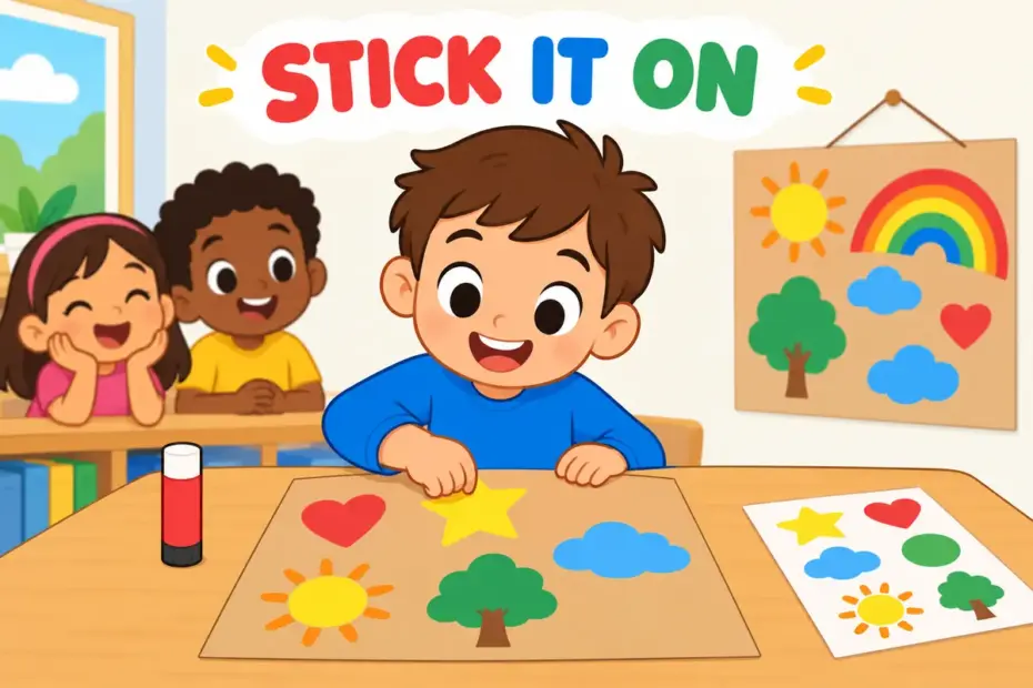 Cartoon children press paper stars onto a poster, illustrating stick on in a sentence as attaching with glue.
