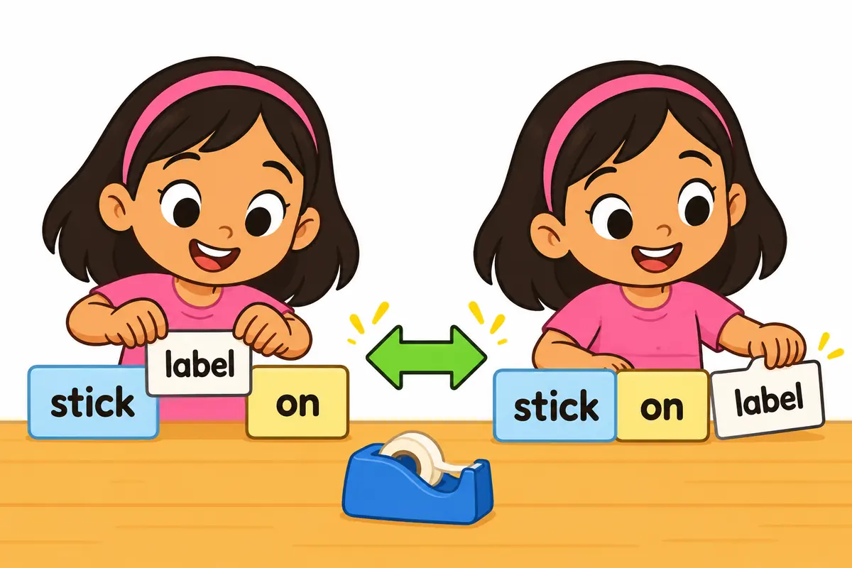 A cartoon girl slides a label card between two word blocks and also after them, showing that stick on is separable.