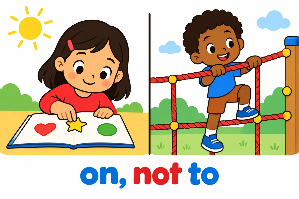 A cartoon split scene shows a child pressing a sticker onto a page and another clinging to a railing, contrasting stick on with stick to.
