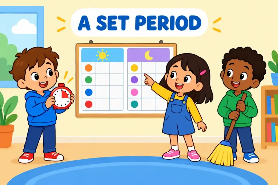 Cartoon children take turns at a chore board, showing stint in a sentence as a fixed period of work.