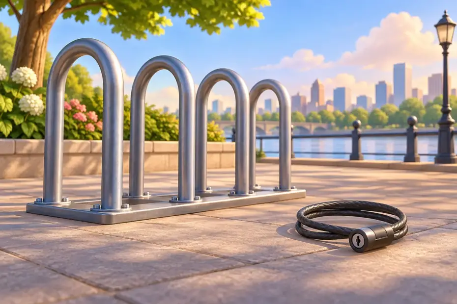 An empty bicycle rack stands beside a loose lock.