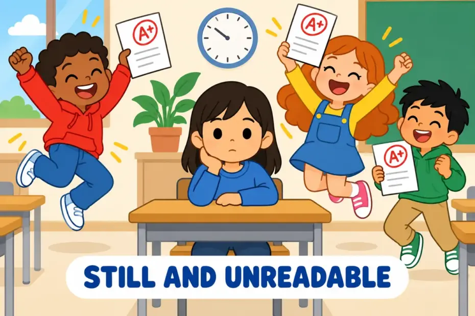 A cartoon child keeps a still, unreadable face while others celebrate, illustrating stolid in a sentence as unemotional calm.
