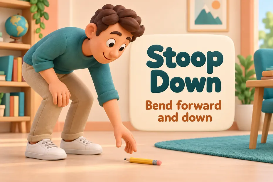 Stoop down means bend forward and down.