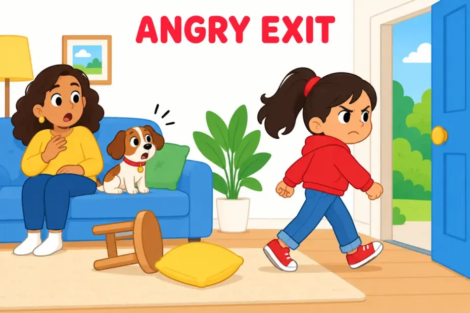 Cartoon girl marching toward a doorway with a frown, illustrating storm off in a sentence as an angry exit from a room.