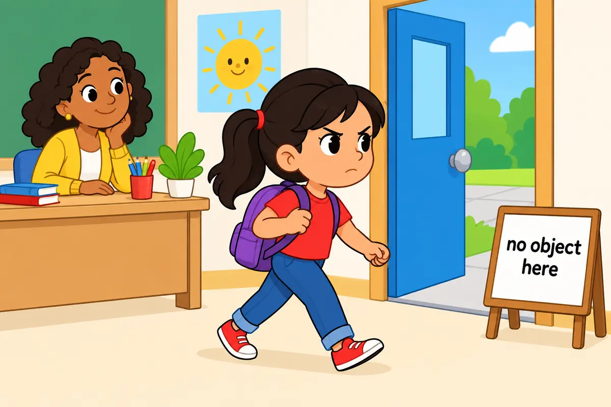 A cartoon girl strides toward an open door while a blank card beside the verb storm off stays empty.