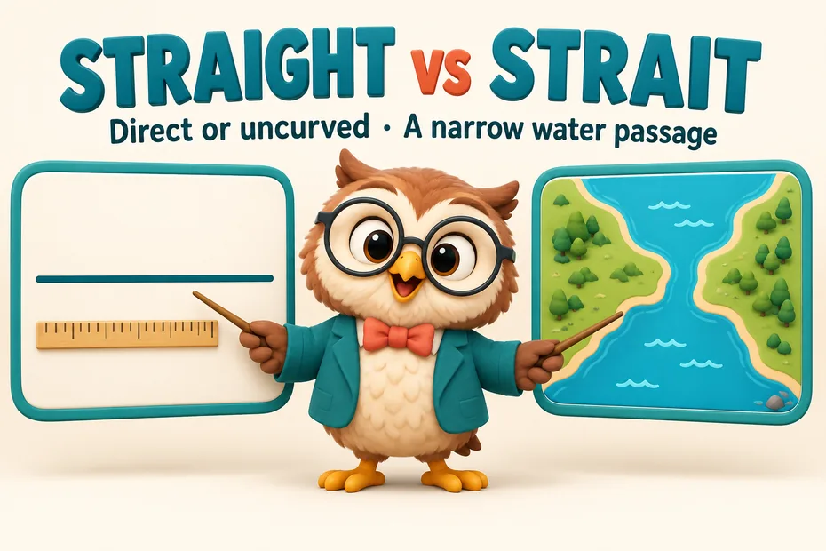 Straight can mean direct or uncurved; a strait is a narrow water passage.