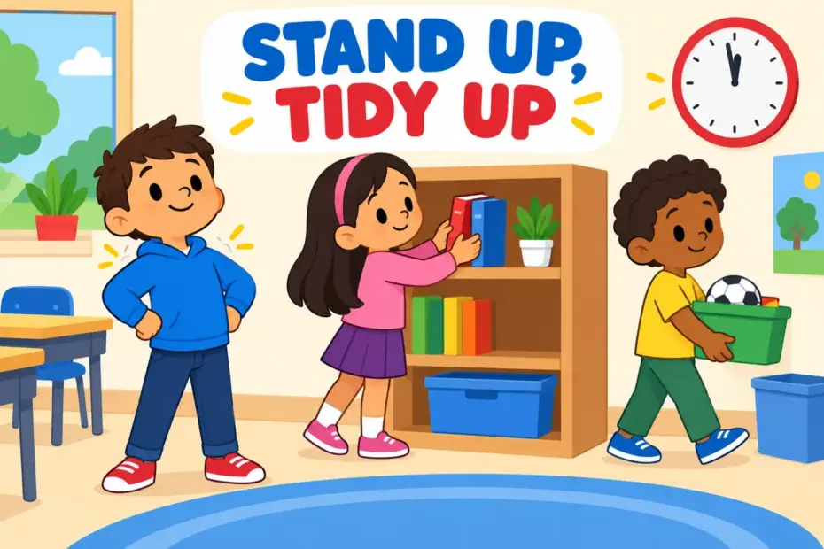Cartoon children straighten up as they stand tall and tidy a classroom shelf before the bell.