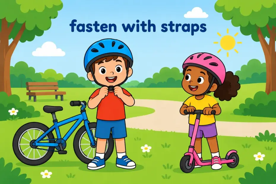 Cartoon child clips a bicycle helmet under the chin, illustrating strap on in a sentence as fastening with straps.