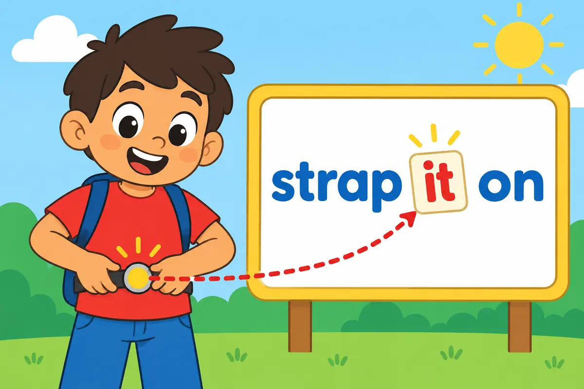 A cartoon child clicks a small buckle while a dotted arrow shows the word it sliding into the middle of the phrase.