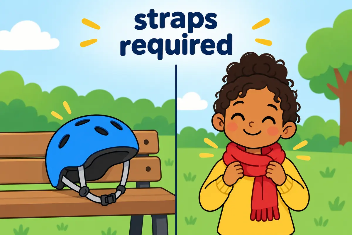 A cartoon split scene contrasts a helmet with a chin strap and a scarf tied loosely around a neck.