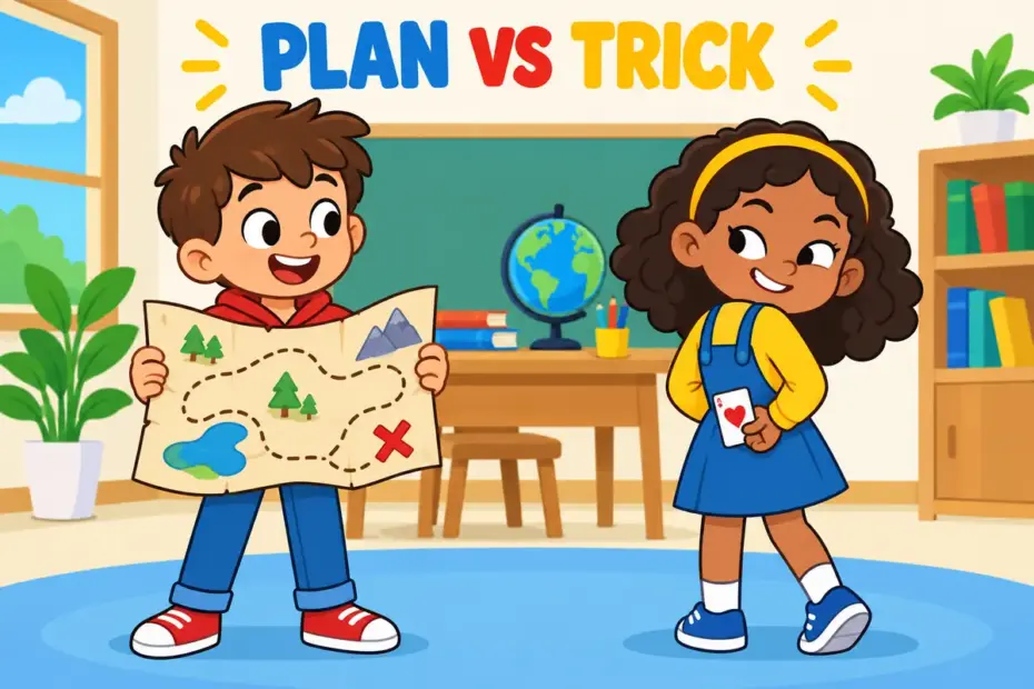 Two cartoon children compare strategy vs stratagem, one holding a large wall map and the other a small hidden trick card.