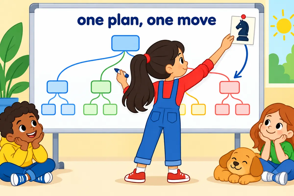 A cartoon child draws one big plan and one small trick card on a board, showing strategy as the overall plan and stratagem as a single move.