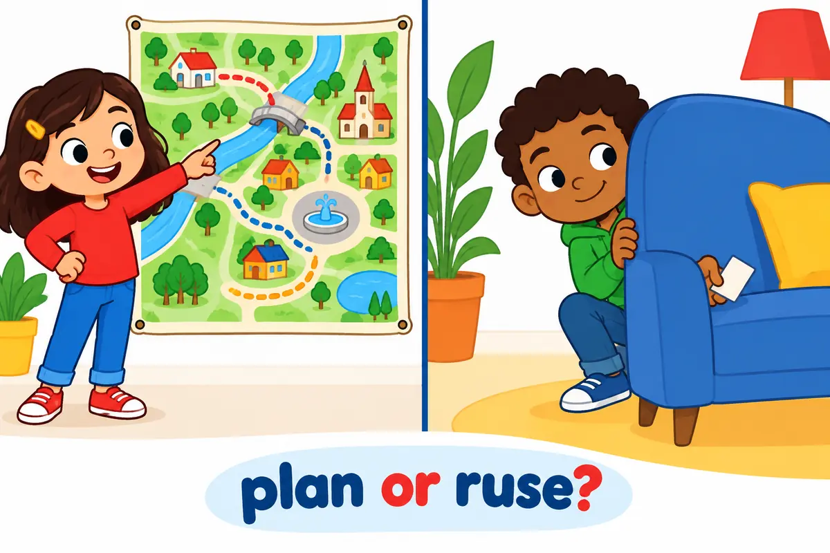 A cartoon split scene contrasts a large open wall map with a small hidden trick card, showing strategy versus stratagem as plan versus ruse.