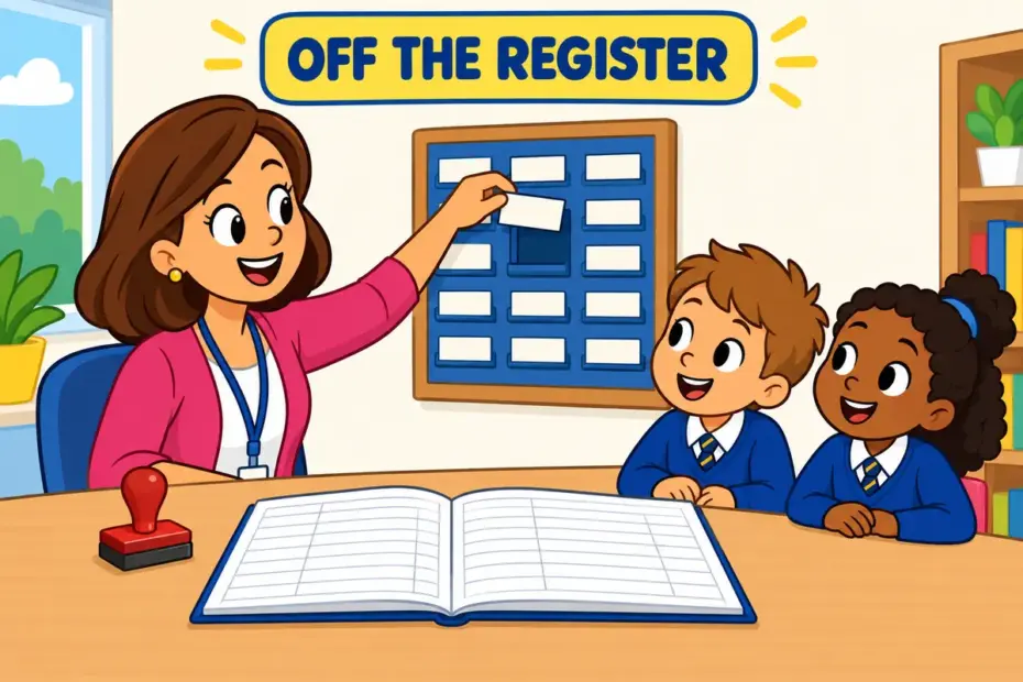 Cartoon children watch a teacher remove a name card from a wall chart, showing strike off in a sentence as removal from a register.