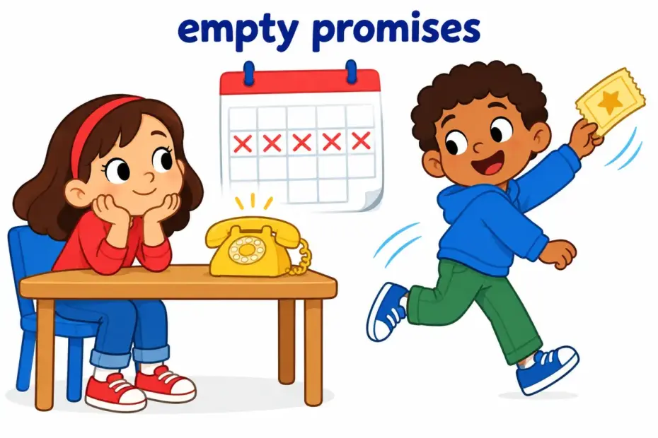 Cartoon child waits by a phone while a friend waves a promised ticket, showing string along in a sentence as false hope.