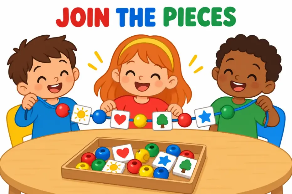 Cartoon children thread colourful beads and cards onto one string, illustrating string together in a sentence as joining parts in a series.