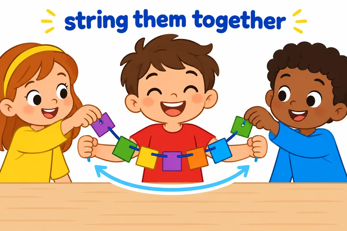 A cartoon child threads beads onto a string while others add cards, showing string together as joining separate parts into one series.