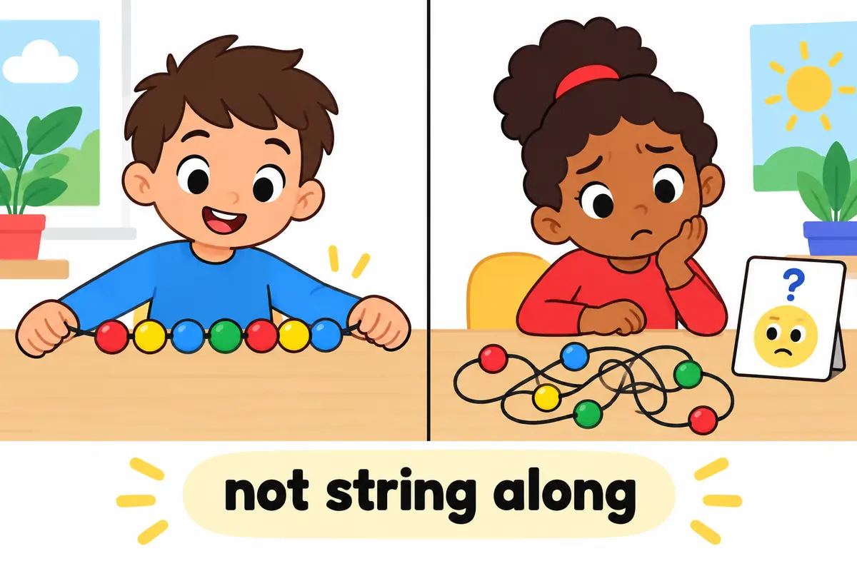 A cartoon split scene contrasts beads threaded neatly in a row with a tangled loop of string, teaching string together against string along.