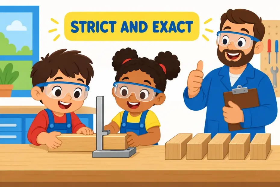 Cartoon inspectors measure a wooden beam against a fixed metal gauge, showing stringent in a sentence as an exacting standard.